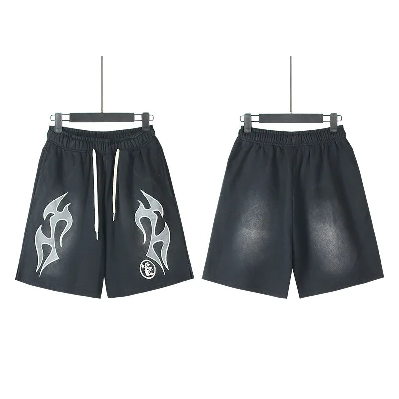 New European American Trendy Brand Hip Hop Style Cotton Washed Distressed Flame Print Casual Plus Size Knee-length Shorts - Buy  Product on Alibaba.com